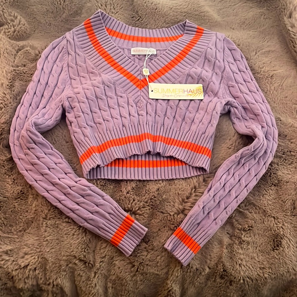 small purple beach bunny cropped sweater